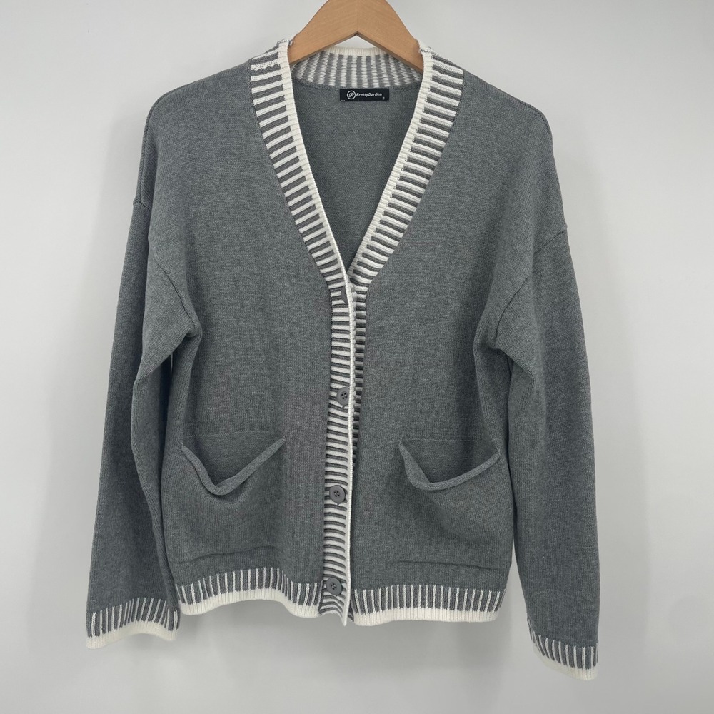 PrettyGarden‎ Grey Striped Trim V-Neck Button Front Cardigan Sweater Small